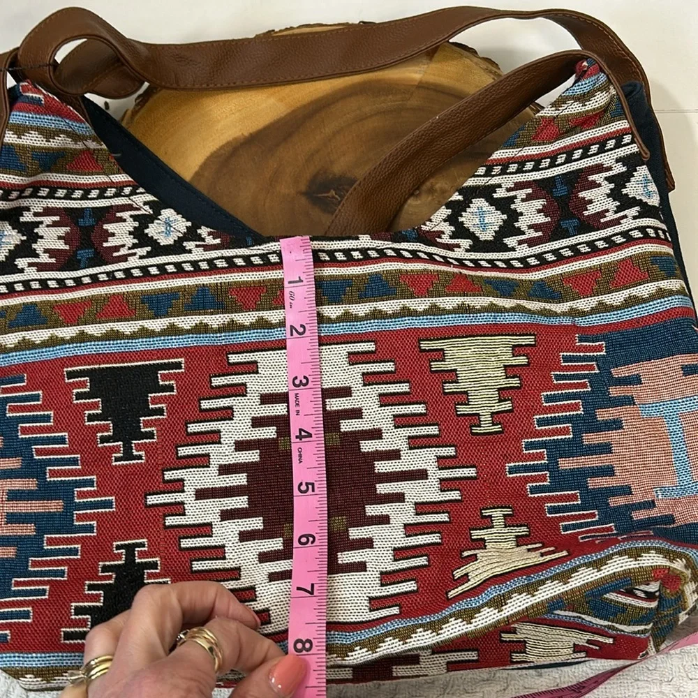 Boho Aztec Pattern Shoulder Bag with Brown Strap - Unbranded